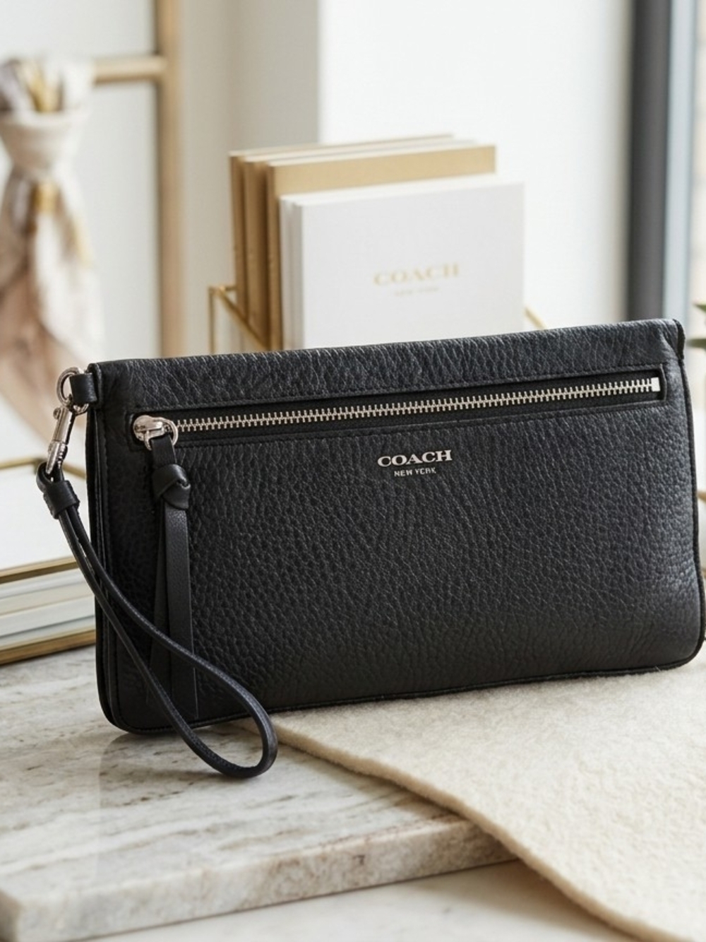 Coach Black Pebbled Leather Wristlet